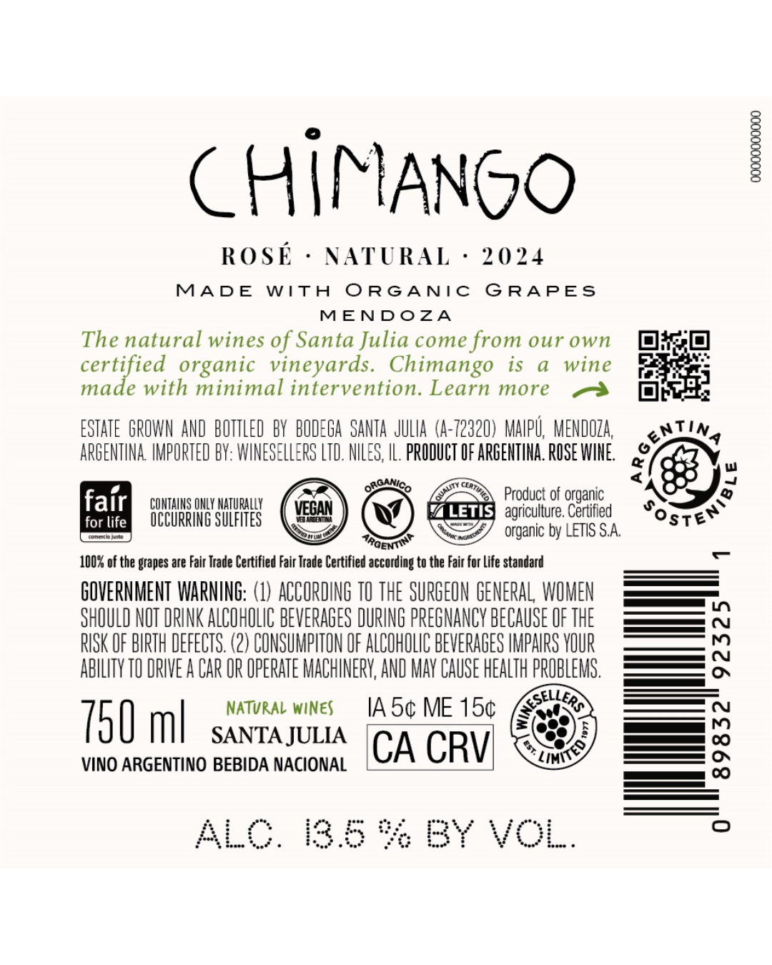 ナチュールワイン<br>チマンゴ マルベック ロゼ 750ml / Chimango Rose