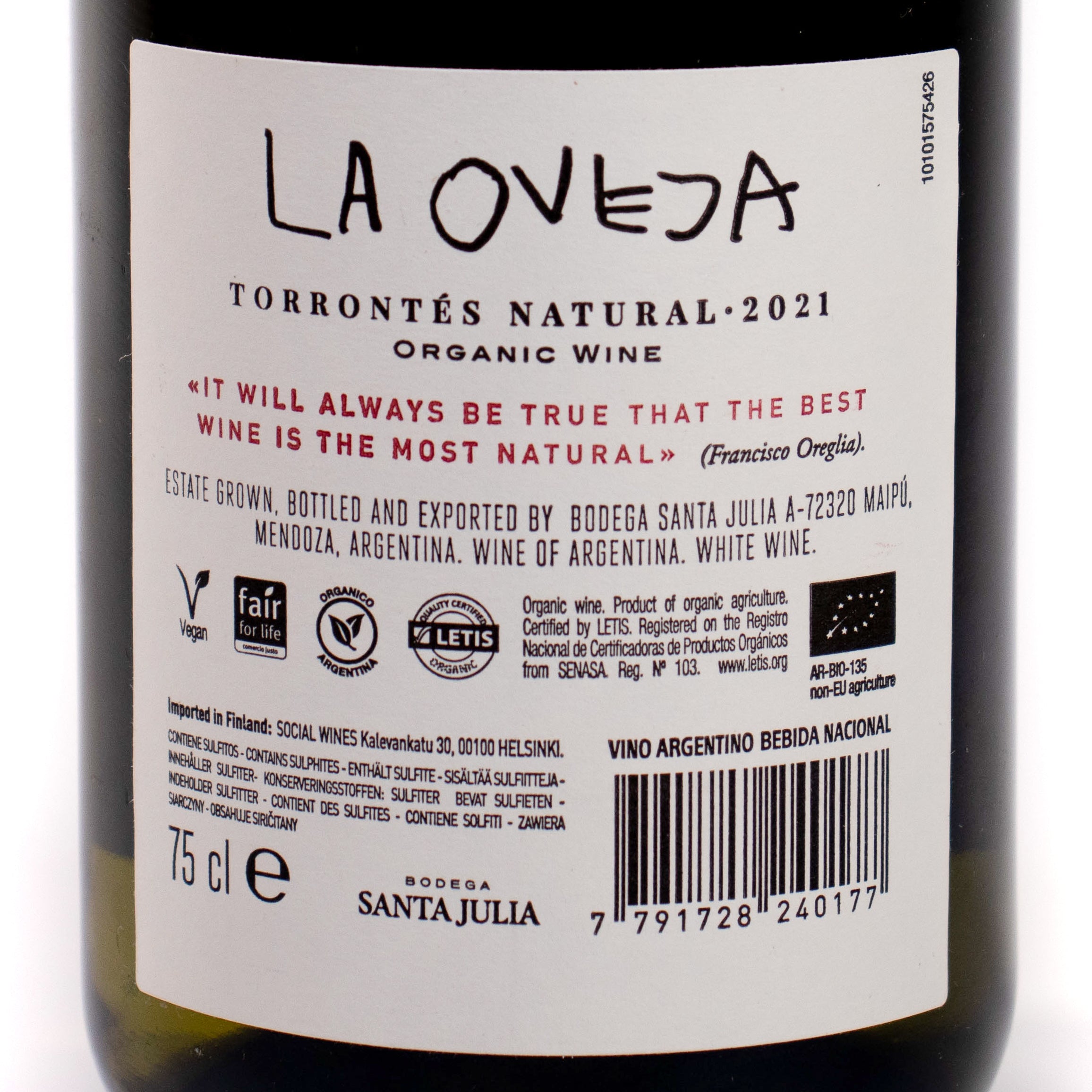 ナチュールワイン<br>ラ・オベーハ トロンテス 750ml / La Oveja Torrontes